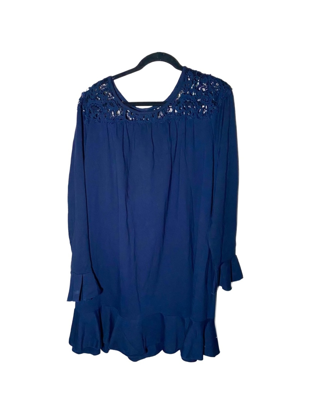 Crown & Ivy Curvy Navy Blue Dress 2X Lace Accents Ruffle Hem Long Sleeve